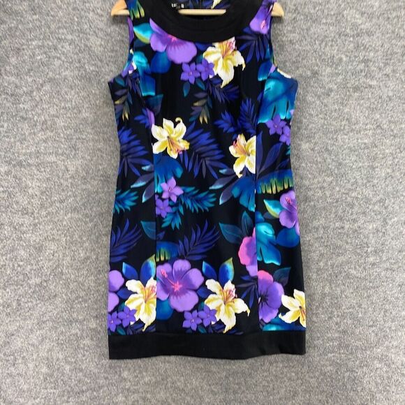 B Works Dress Women 14 Black Floral Sheath Short Zipper Sleeveless Crew Neck - Picture 4 of 9